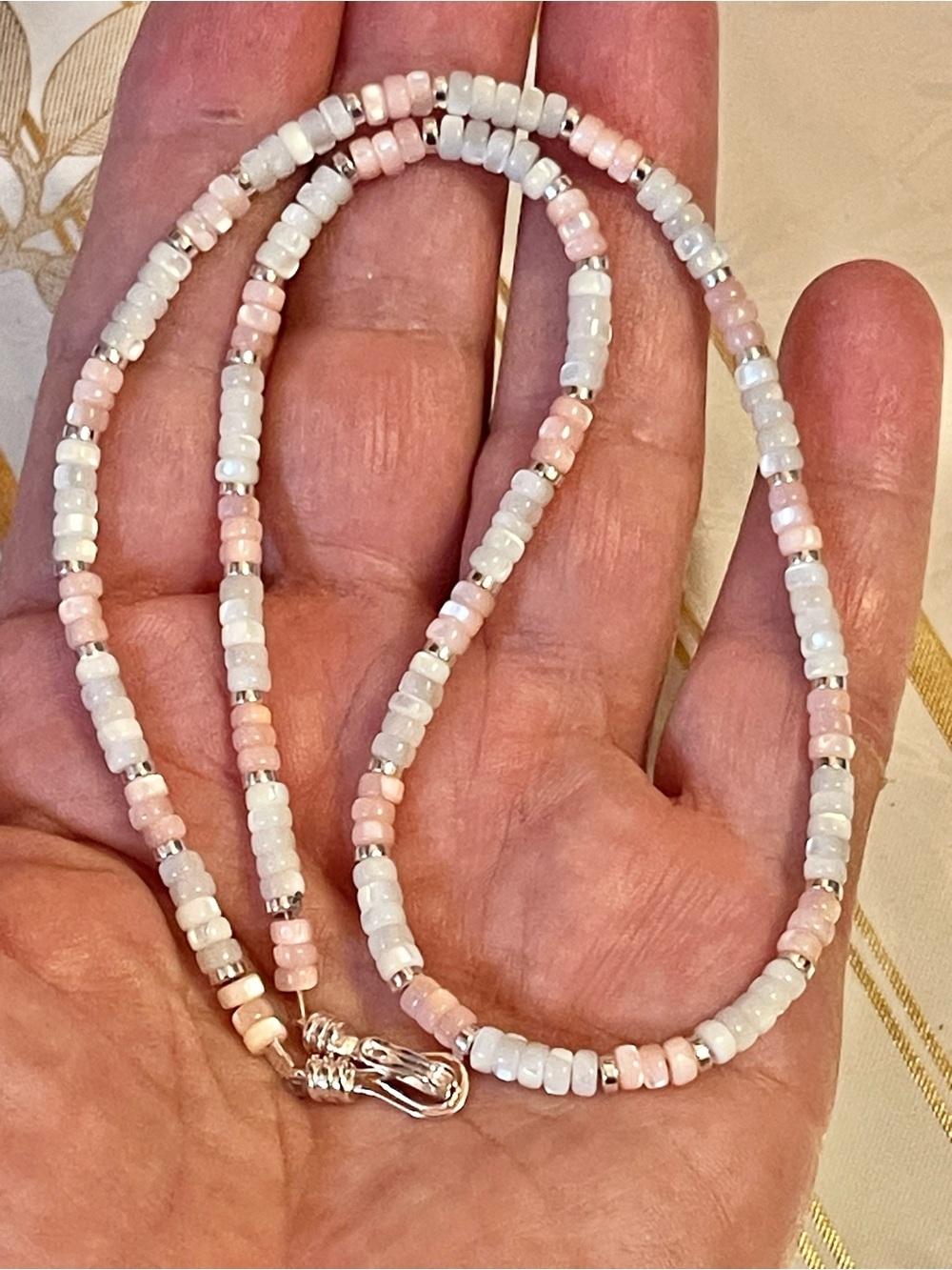 handmade beaded necklace white & pink mother-of-pearl Shell necklace Sz 17